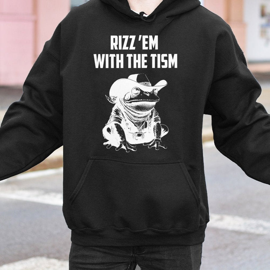 Rizz Em With The Tism Hoodie | Cowboy Frog Graphic Print | Premium Cotton-Blend Pullover | Funny Meme Sweatshirt Gift For Neurodivergent Adults