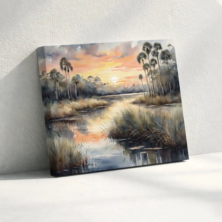 Florida Marsh Sunset Canvas Art | Watercolor Palm Tree Landscape Print | Premium Gallery-Wrapped Wall Decor | Coastal Home Office Gift