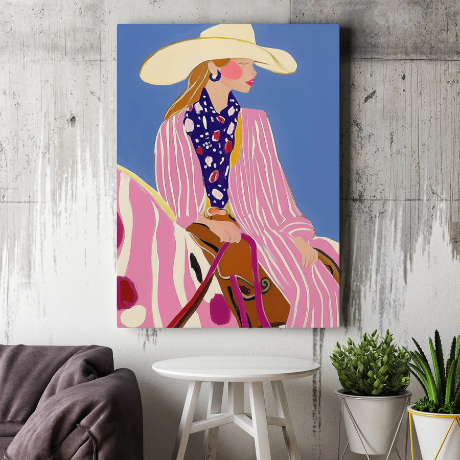 Pop Art Cowgirl Vertical Canvas | Modern Western Fashion Illustration | Premium 1.25" Thick Gallery Wrap | Wall Art Gift for Home Decor