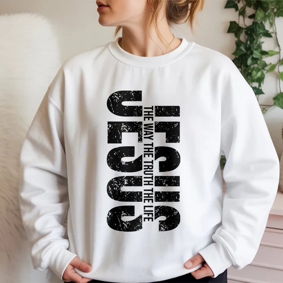 Jesus The Way The Truth The Life Sweatshirt | Distressed Bible Verse Graphic | Premium Cotton Blend Crewneck | Religious Christian Gift For Men And Women