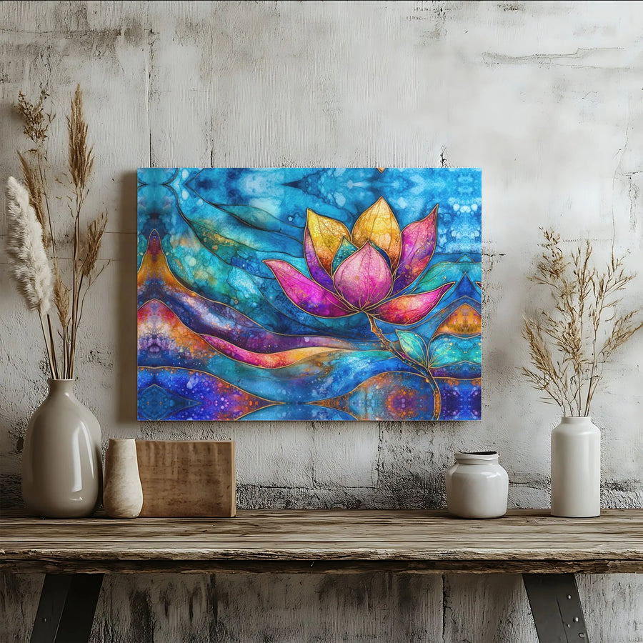 Lotus Flower Canvas Wall Art | Vibrant Watercolor Abstract Print with Gold Accents | Premium Gallery Wrapped Canvas | Gift for Yoga Studio & Meditation Room Decor