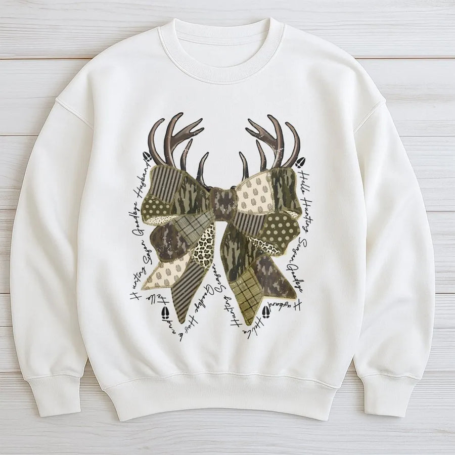 Hello Hunting Season Goodbye Husband Sweatshirt | Funny Coquette Bow Design | Premium Soft Fleece | Gift For Hunting Wives & Outdoorsy Women