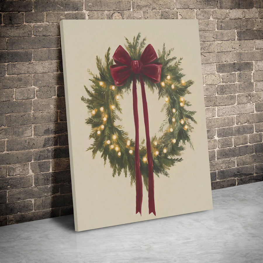 Christmas Wreath Canvas Wall Art | Glowing Fairy Lights & Red Bow Print | Premium Gallery Wrap Decor | Holiday Festive Home Gift