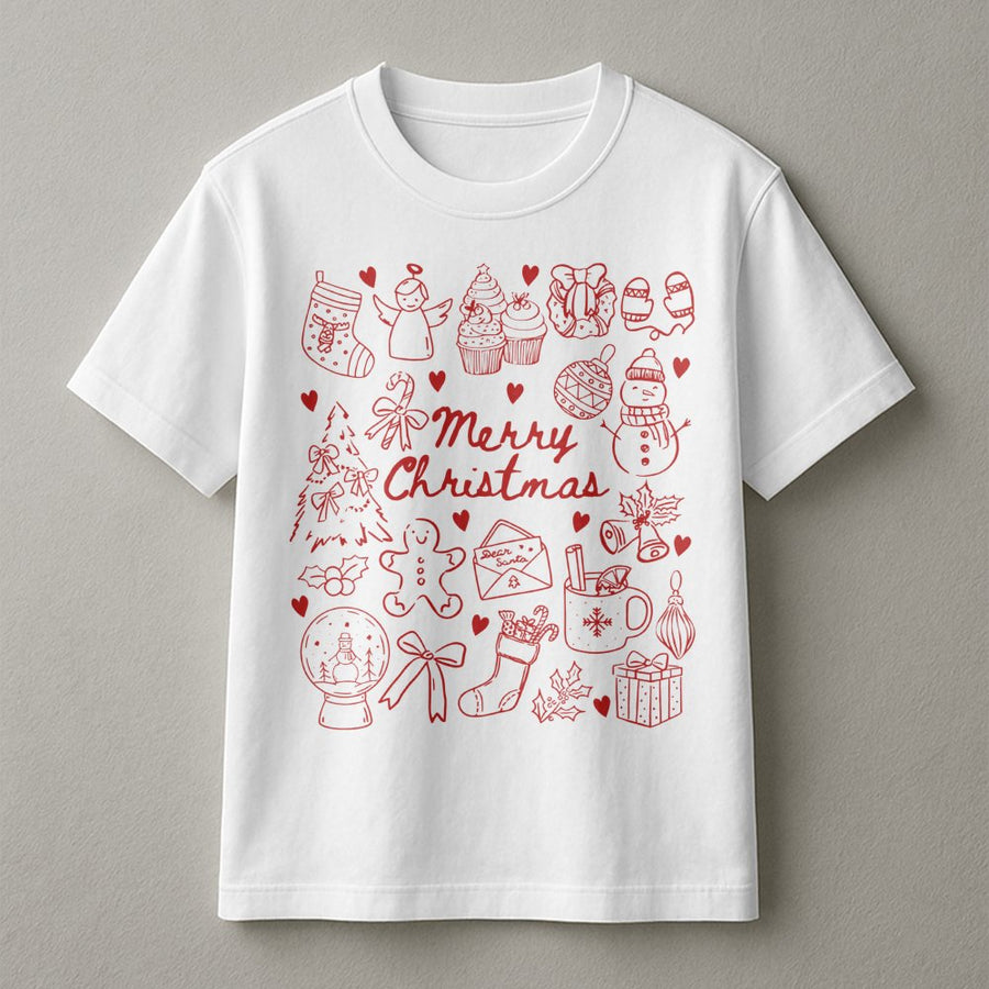Merry Christmas Doodles T-Shirt | Festive Holiday Coquette Bow Graphic | Premium Soft Cotton Tee | Cute Christmas Gift For Women & Family