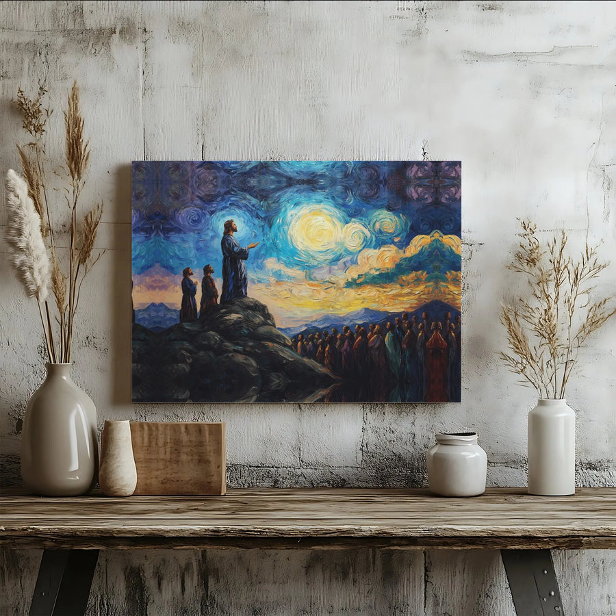 Jesus Sermon On The Mount Canvas Art | Van Gogh Starry Night Style Painting | Premium Gallery Wrap | Religious Home Decor Gift