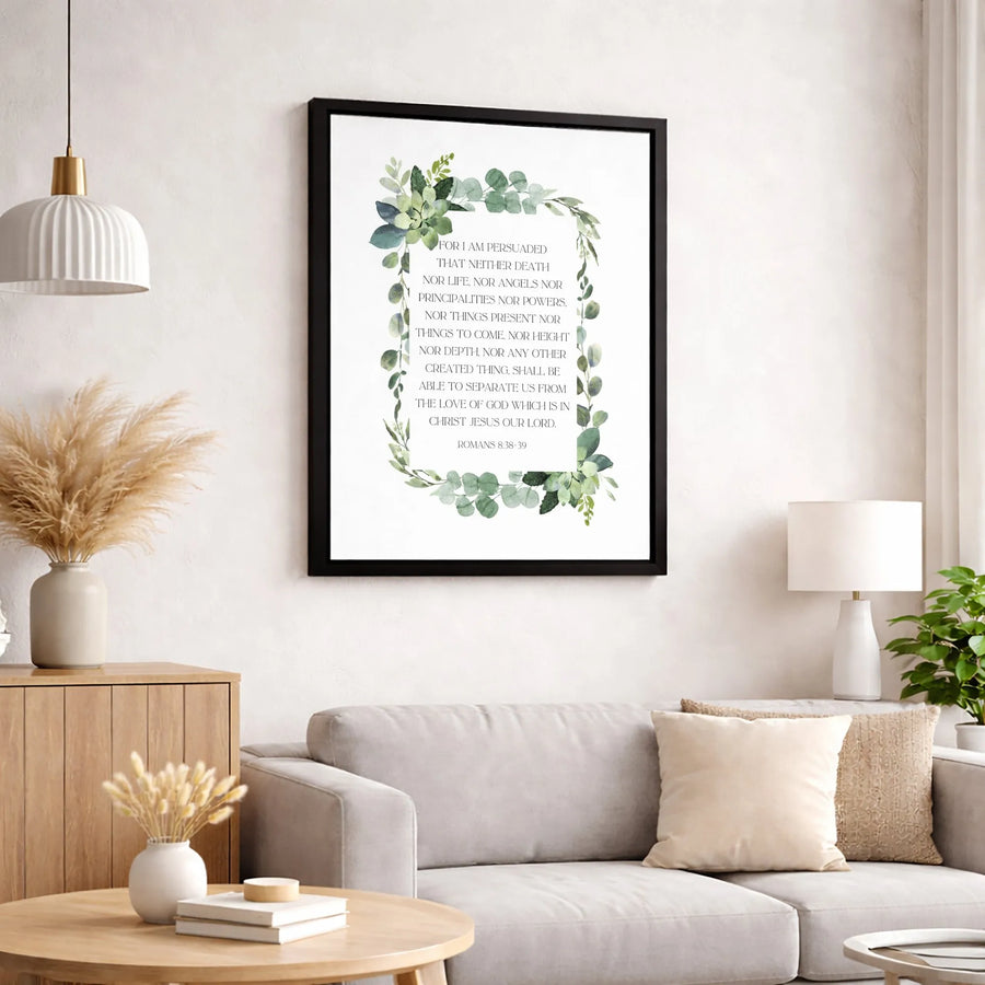 Romans 8:38-39 Wall Art | Watercolor Eucalyptus Scripture Print | Premium Gallery-Wrapped Canvas | Christian Home Decor Gift for Believers