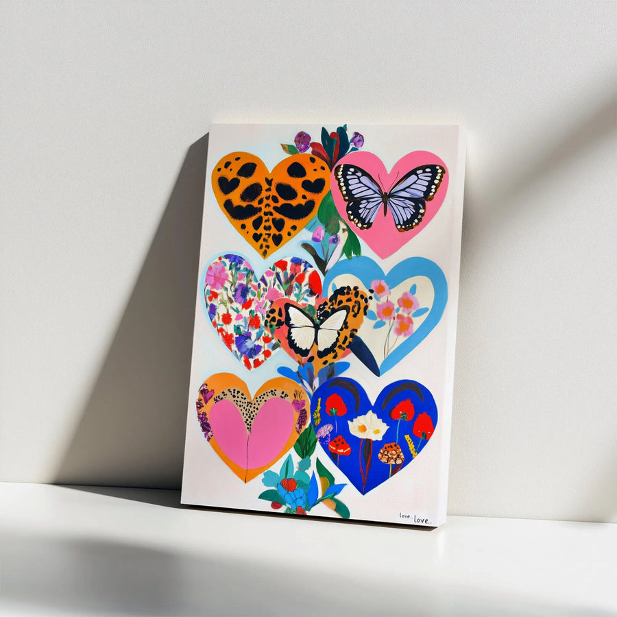 Colorful Heart Canvas Wall Art | Butterfly and Floral Pattern Print | Premium 1.25-Inch Gallery Wrap | Bohemian Home Decor Gift