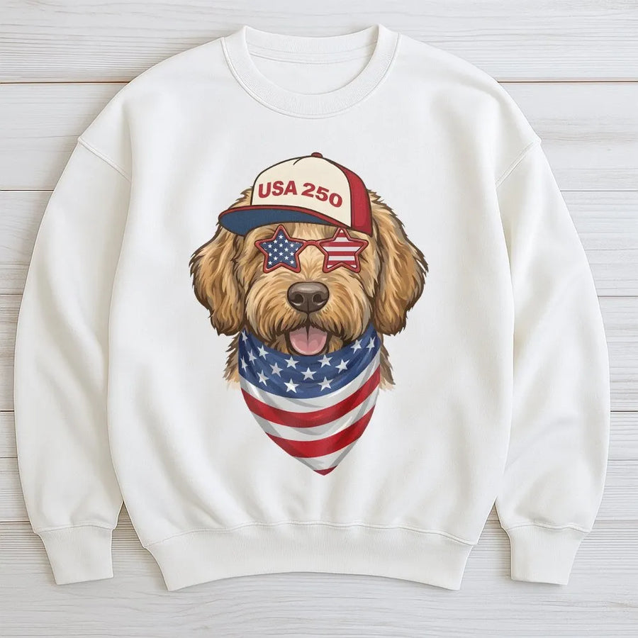 USA 250th Anniversary Sweatshirt | Patriotic Dog with American Flag Graphic | Soft Cotton Blend Pullover | Fourth of July Gift for Dog Lovers