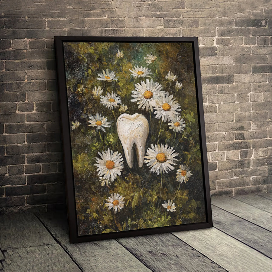 Tooth Canvas Wall Art | Floral Molar Painting with Daisies | Premium Gallery-Wrapped Print | Unique Dentist Office Decor & Dental Gift