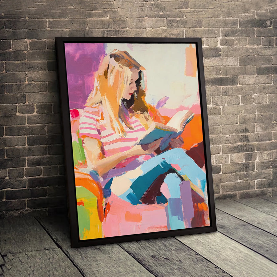 Woman Reading Book Canvas Wall Art | Impressionistic Colorful Portrait | 1.25-Inch Gallery Wrap | Modern Home Decor Gift for Readers