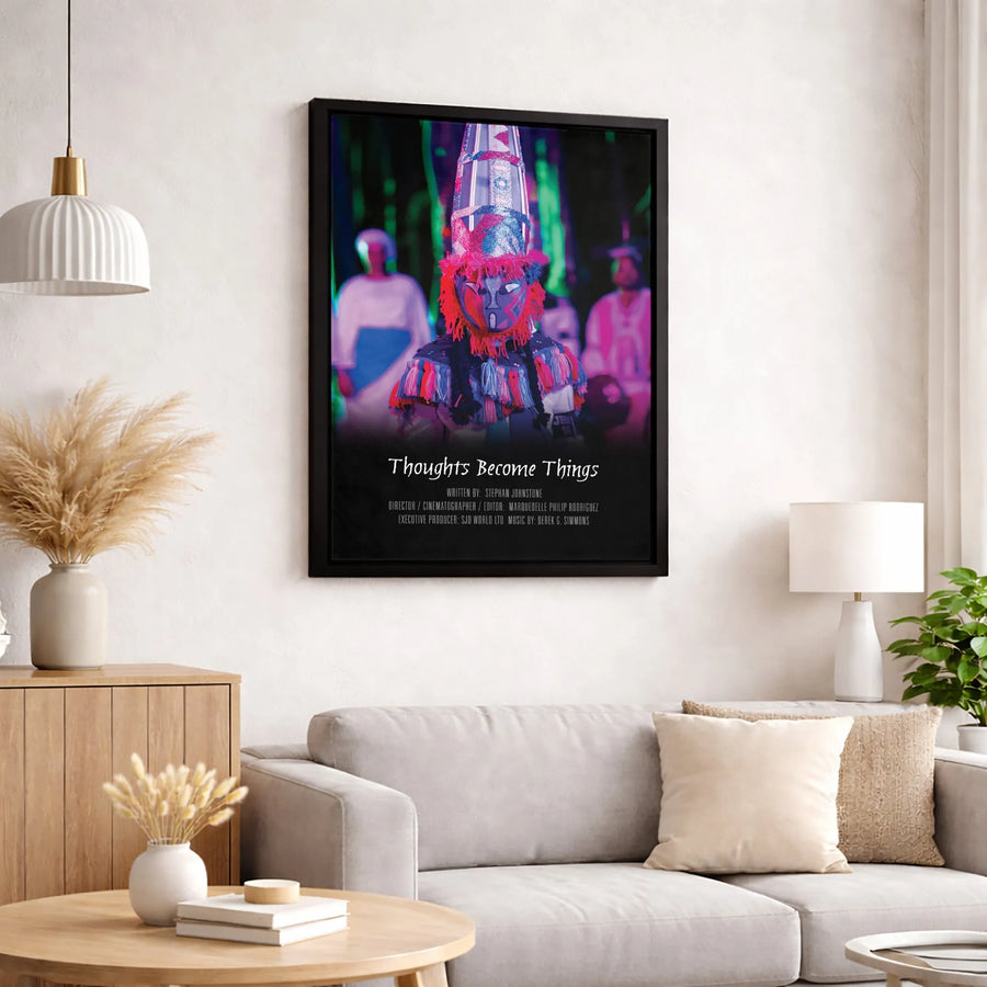 Thoughts Become Things Cultural Mask Canvas | Vibrant Folklore Wall Art | 1.25-Inch Premium Gallery Wrap | Unique Gift for Documentary Lovers