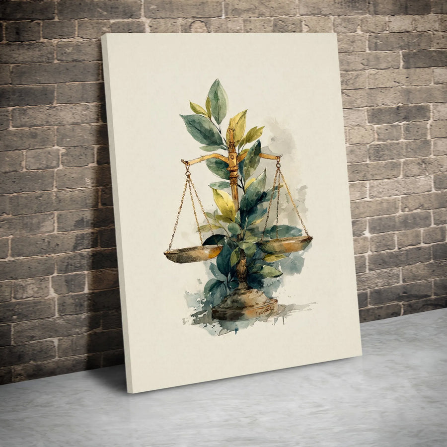 Scales of Justice Canvas Print | Watercolor Botanical Law Art | Premium Gallery Wrapped Wall Decor | Lawyer Office Gift for Attorney