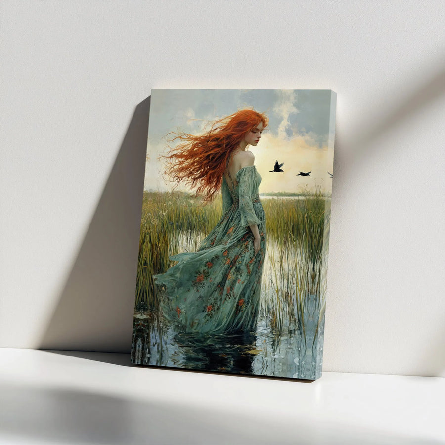 Red Hair Woman Canvas Wall Art | Ethereal Marshland Portrait | Premium Gallery Wrap Print | Whimsical Boho Home Decor Gift
