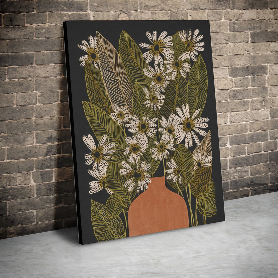 Modern Floral Vertical Canvas | Boho Daisy Bouquet in Terracotta Vase | Premium Gallery-Style Print | Gift for Modern Home Decor