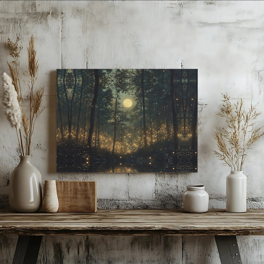 Enchanted Forest Canvas Wall Art | Moonlight Firefly Woodland Print | Premium Gallery-Wrapped Decor | Whimsical Nature Landscape for Home