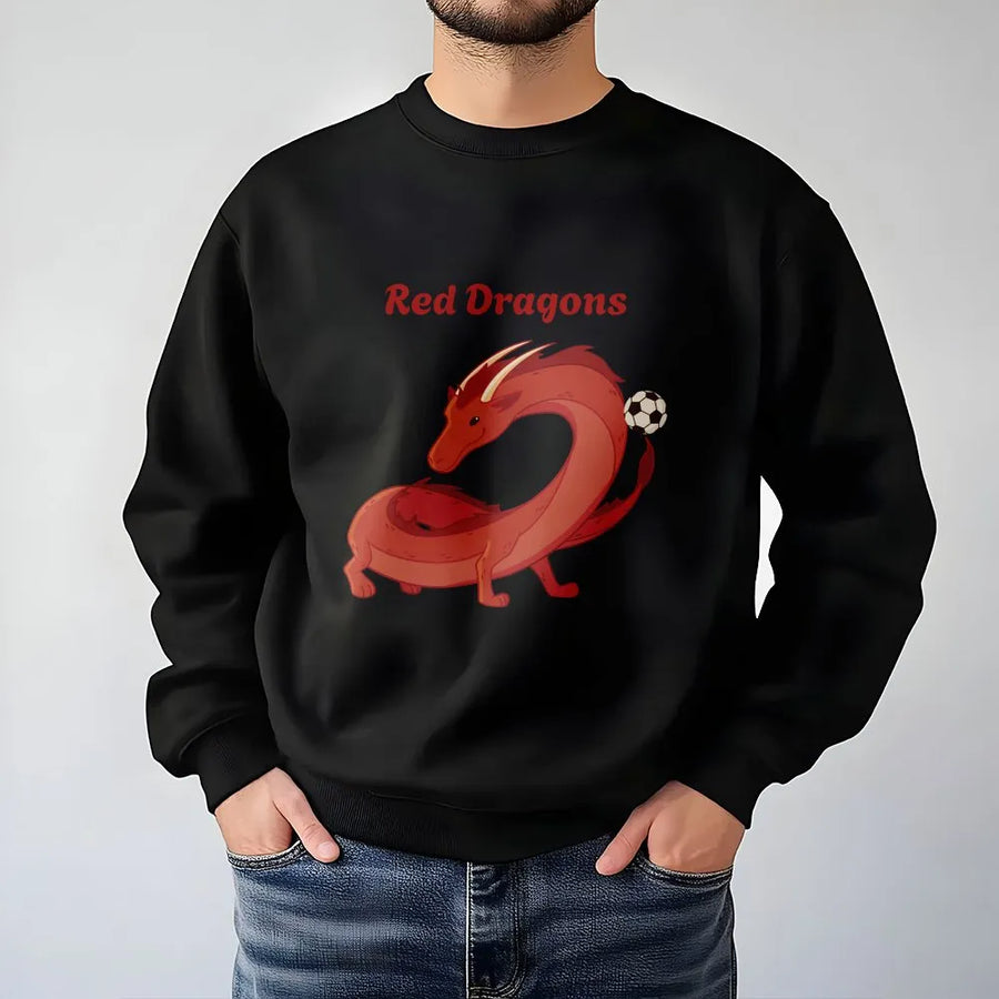 Red Dragons Soccer Sweatshirt | Cartoon Team Mascot Graphic | Premium Cotton Blend | Gift for Football Player and Coach