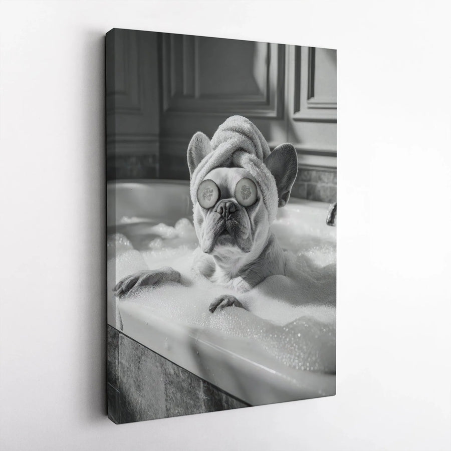 French Bulldog Spa Canvas Wall Art | Funny Dog in Bubble Bath Black and White Print | Premium Gallery-Wrapped Portrait | Bathroom Decor Gift for Dog Lovers