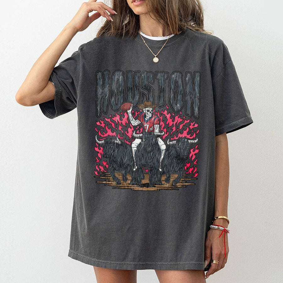 Houston With A Skeleton Cowboy Wearing A Houston Texans Football Uniform, Riding Bulls With Flames T-Shirt