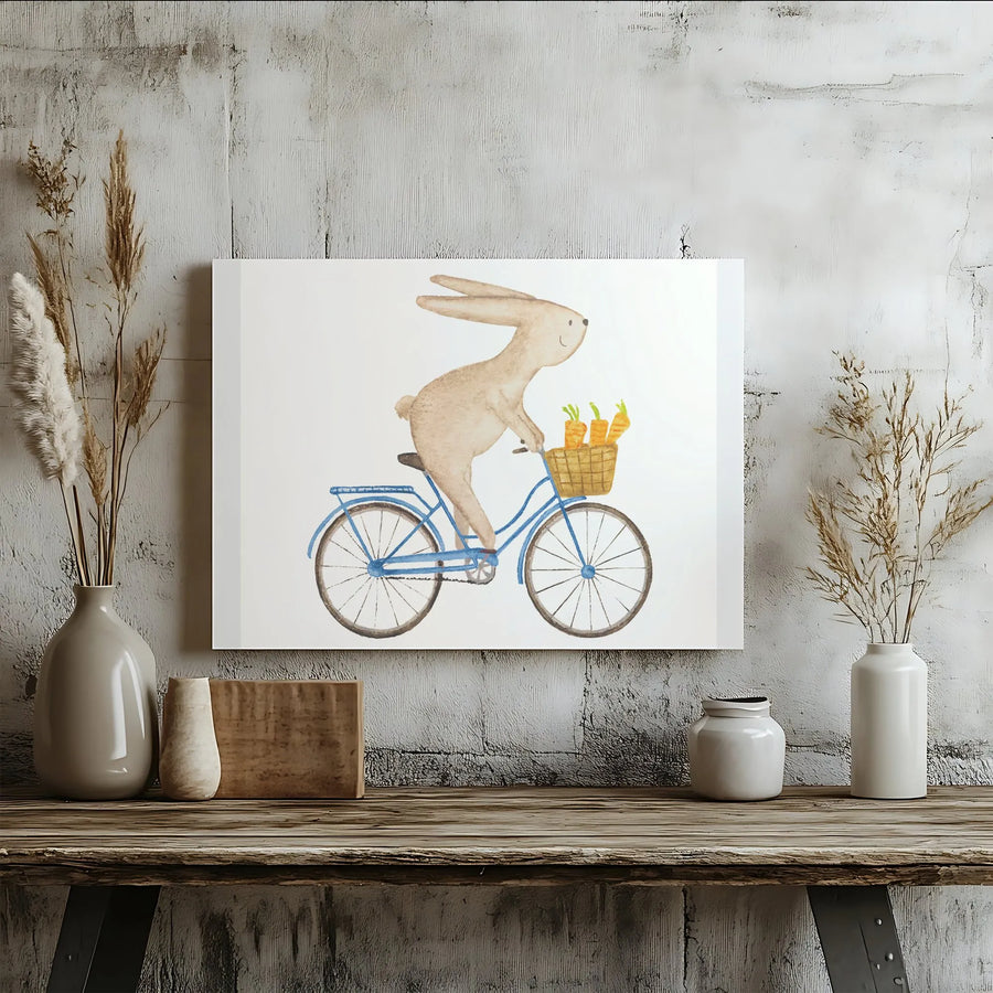 Bunny Rabbit on Bicycle Canvas Wall Art | Whimsical Watercolor Animal Print | Premium Thick Gallery Wrap | Kids Room Decor & Nursery Gift