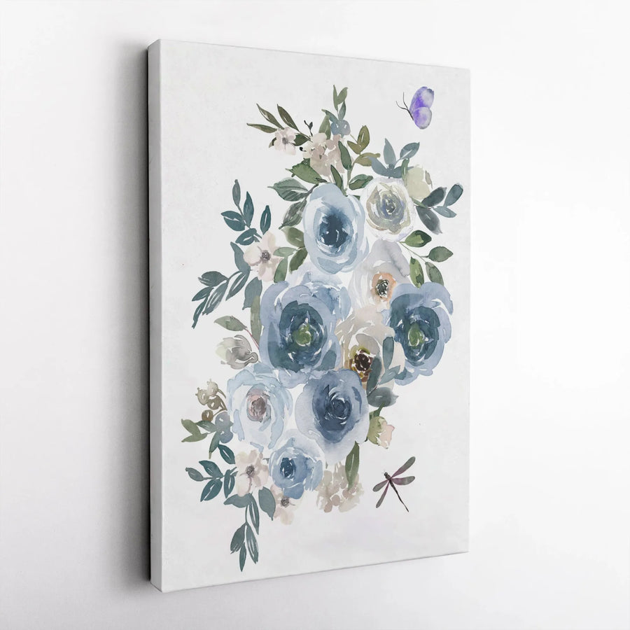 Watercolor Blue Floral Canvas Print | Botanical Butterfly & Dragonfly Art | 1.25 Inch Gallery Wrap | Elegant Home Decor Wall Art