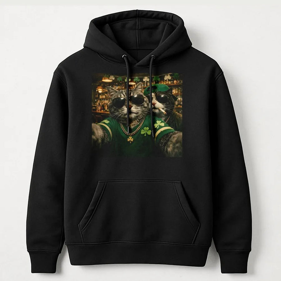St. Patrick's Day Cat Hoodie | Funny Irish Selfie Graphic Design | Premium Cotton Blend | Gift For Cat Lovers & Party Goers