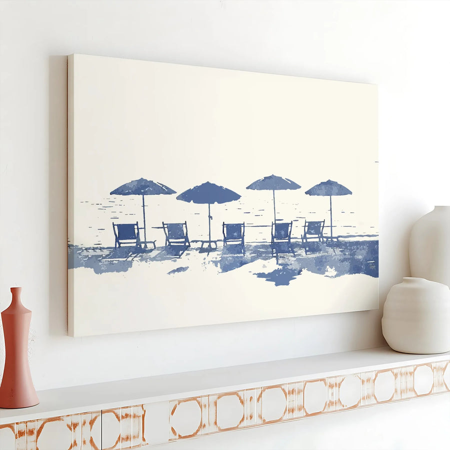 Minimalist Beach Canvas Wall Art | Abstract Coastal Scene with Umbrellas | Premium Gallery Wrap Print | Modern Living Room & Beach House Decor