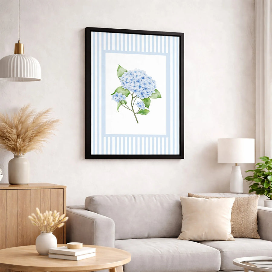 Blue Hydrangea Wall Art | Watercolor Floral Print with Striped Border | Premium 1.25-inch Thick Gallery Canvas | Botanical Home Decor Gift