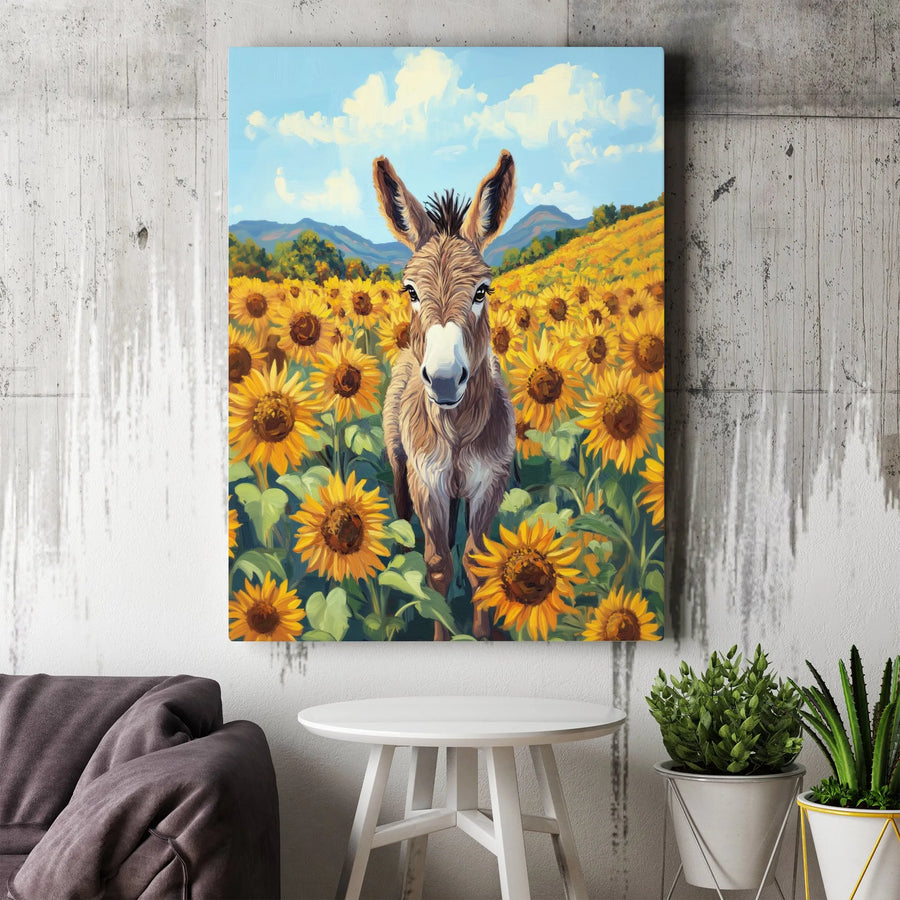 Donkey In Sunflower Field Wall Art | Rustic Farmhouse Animal Print | Premium 1.25 inch Gallery Wrapped Canvas | Country Home Decor Gift