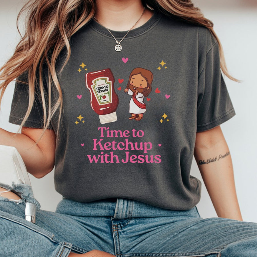 Time to Ketchup With Jesus T-Shirt | Funny Religious Pun Graphic | Premium 100% Cotton Tee | Cute Christian Gift for Men and Women