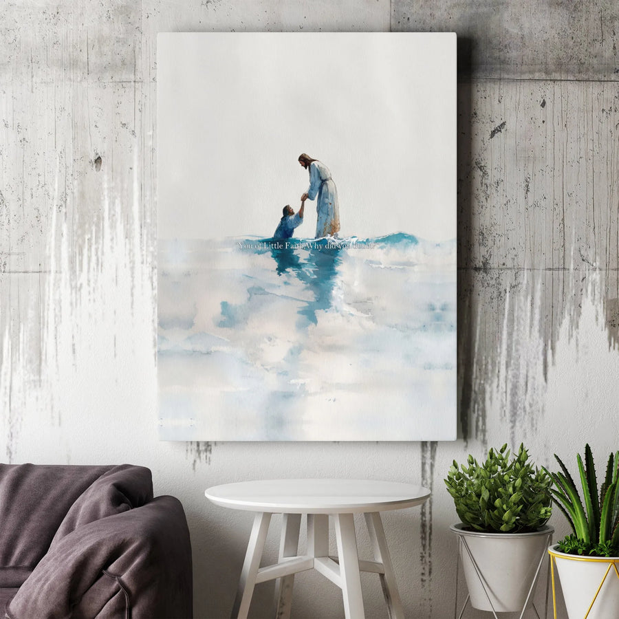 Jesus Walking on Water Canvas Wall Art | Watercolor Scripture Art, Matthew 14 | Premium Christian Decor Print | Inspirational Faith Based Gift