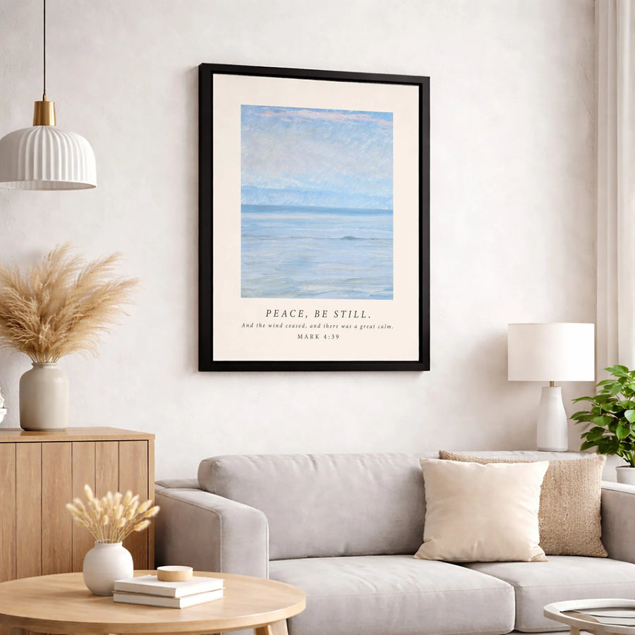 Peace Be Still Bible Verse Canvas | Mark 4:39 Scripture Wall Art | Premium Coastal Landscape Print | Christian Home Decor Gift