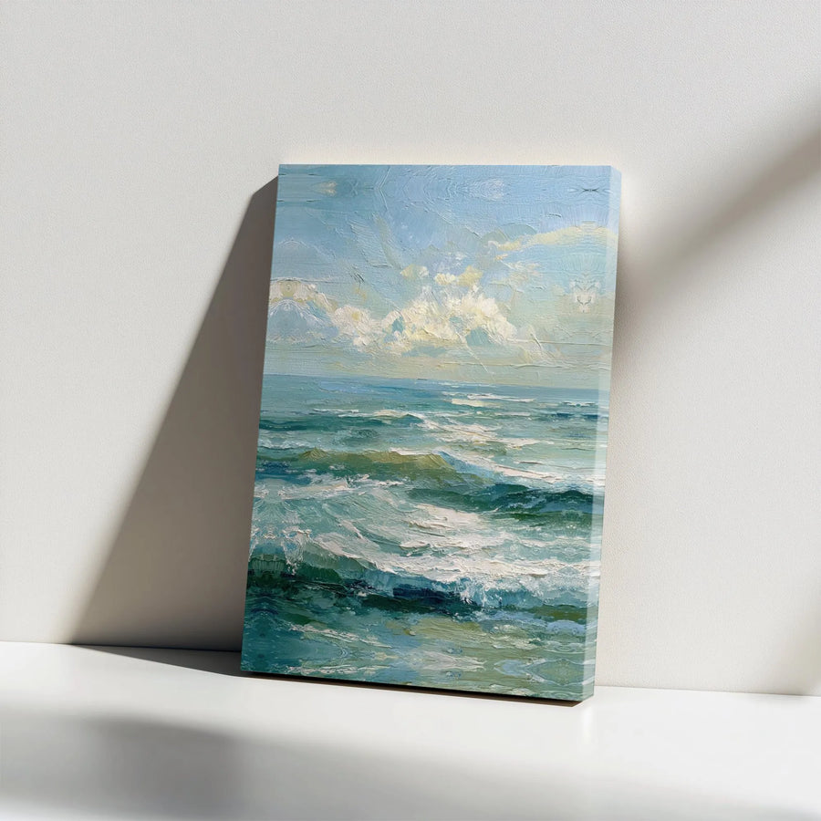 Ocean Waves Canvas Wall Art | Textured Impasto Coastal Seascape Painting | Premium Gallery Wrapped Decor | Serene Blue Sea Decor for Living Room