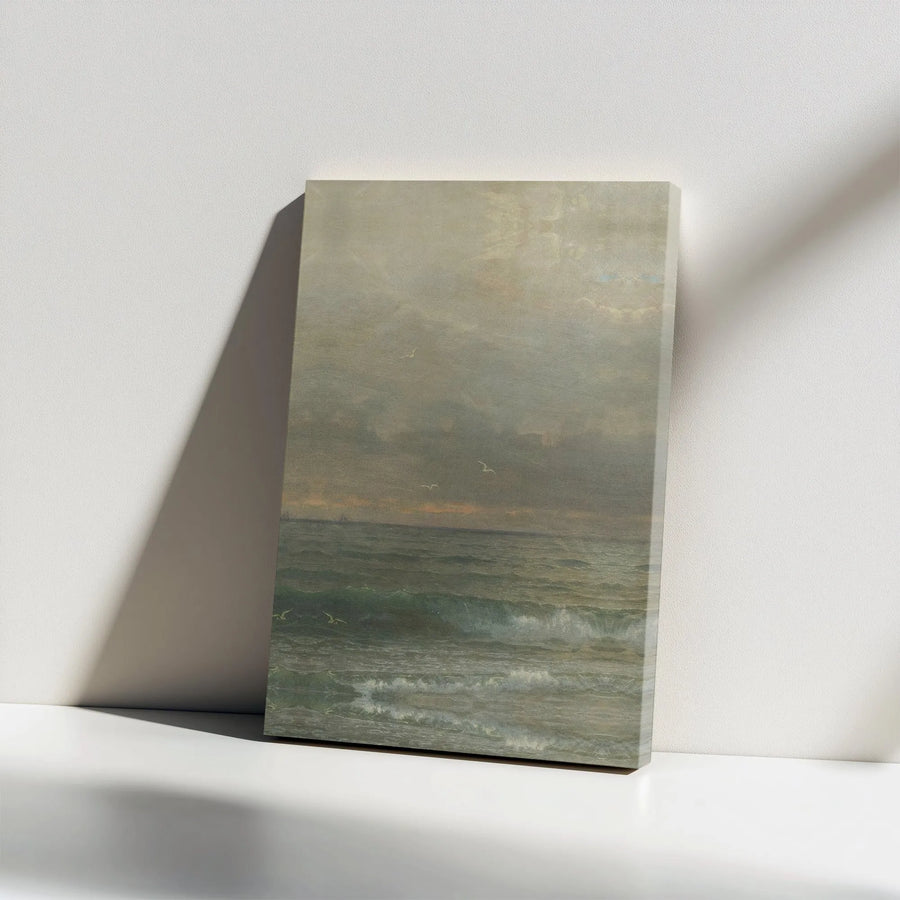Vintage Seascape Canvas Wall Art | Moody Ocean Painting Print with Seagulls | Premium Frameless Canvas | Living Room Decor Collector's Gift