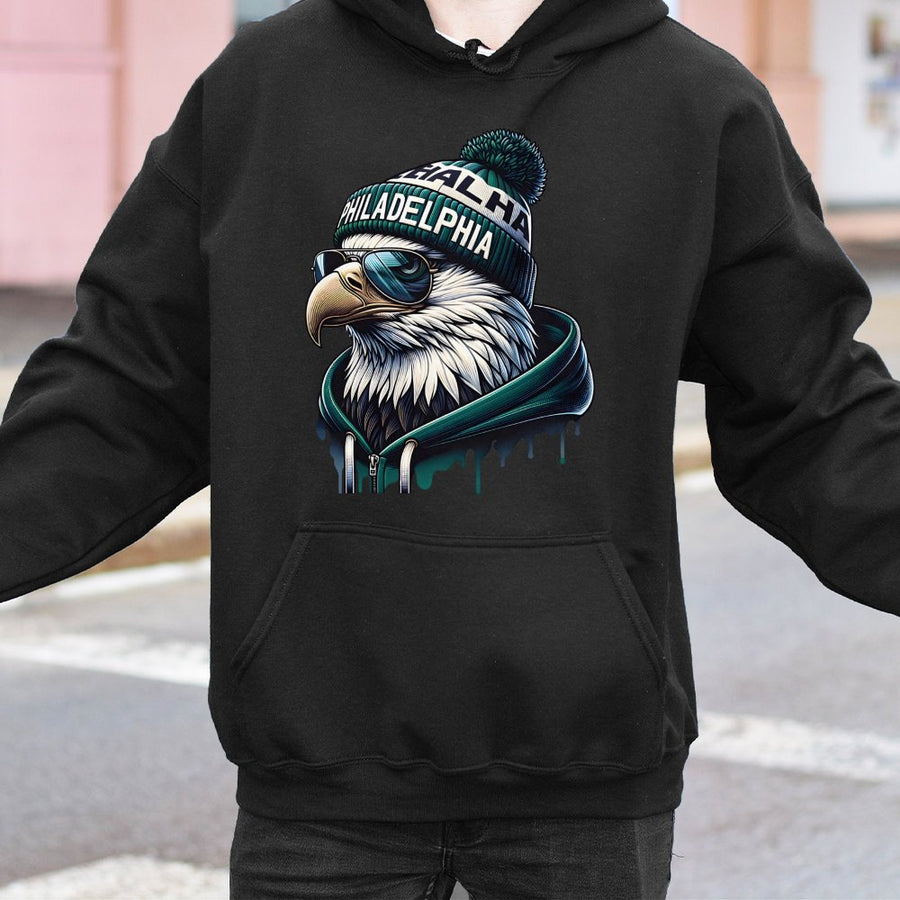 Philadelphia Eagle Wearing A Beanie, Sunglasses, And A Hoodie