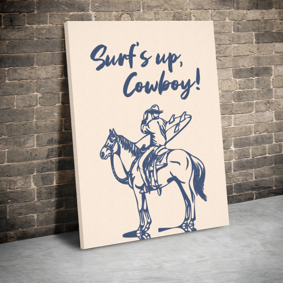 Surf's Up Cowboy Wall Art | Coastal Western Horse Riding Illustration | Premium Gallery Wrapped Canvas | Boho Beach House Decor Gift