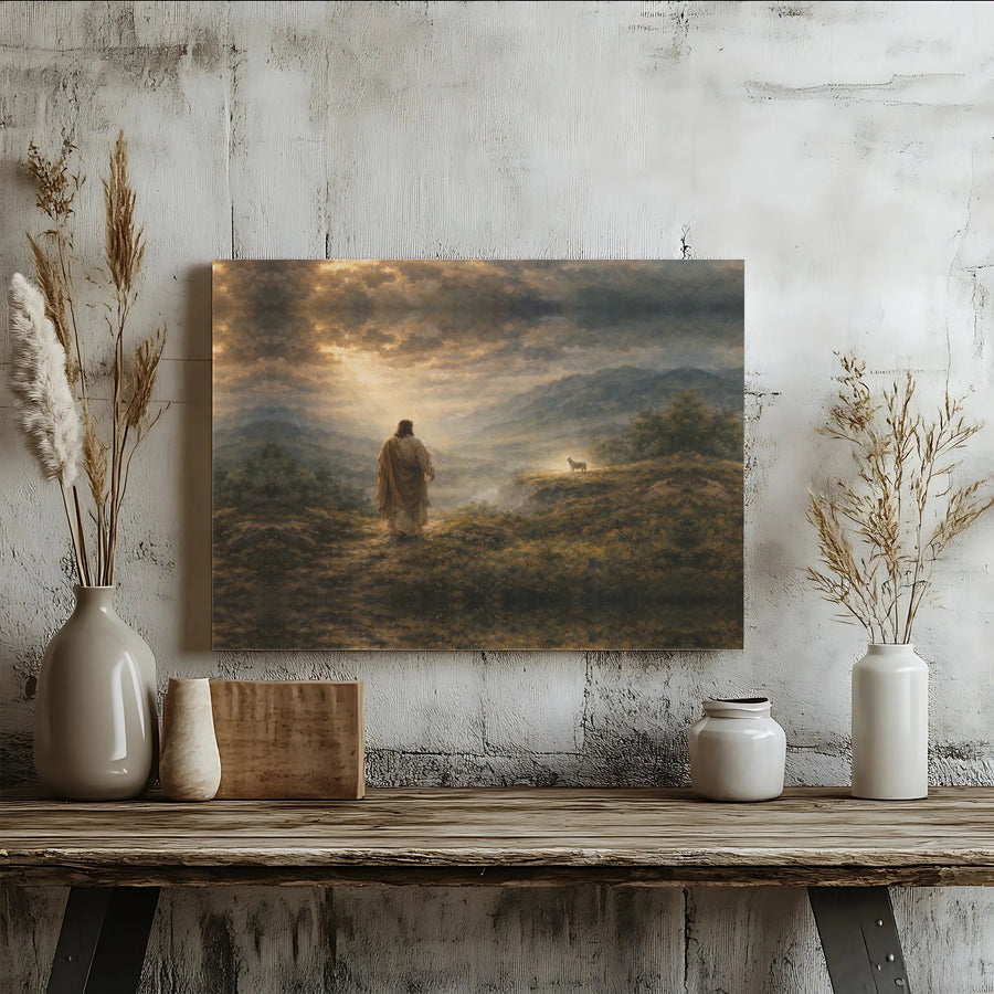 Jesus and the Lost Lamb Canvas Wall Art | Scenic Christian Painting Art | Premium Gallery Wrap Canvas | Inspirational Gift for Christian Home Decor