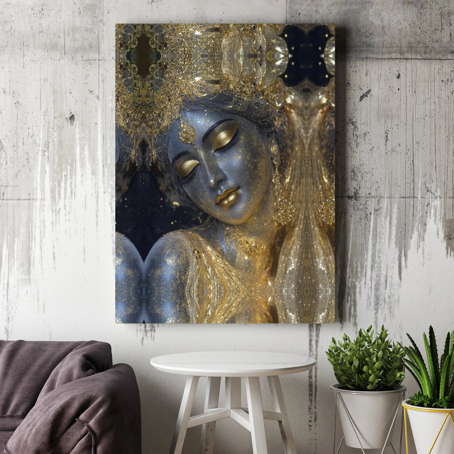Goddess Portrait Wall Art | Abstract Blue and Gold Glitter Canvas | Gallery-Quality Fade-Resistant Print | Elegant Home Decor Gift