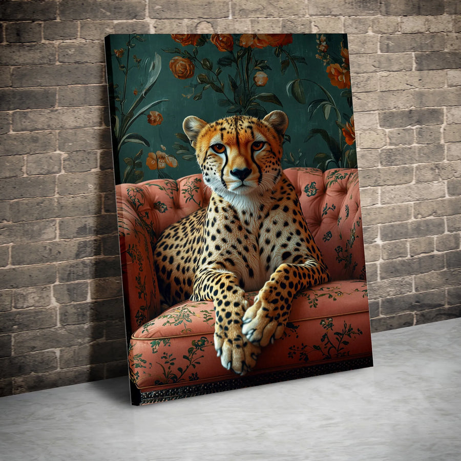 Cheetah Portrait Wall Art | Whimsical Animal on Floral Armchair | Gallery-Quality Canvas Print | Unique Maximalist Home Decor Gift