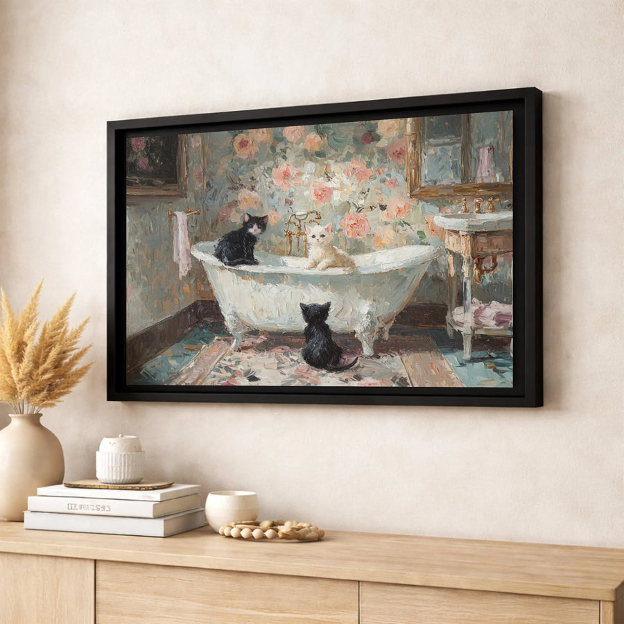 Kitten Wall Art Canvas | Vintage Bathroom Impressionist Painting | Premium Gallery-Wrapped Print | Cat Lover Home Decor Gift