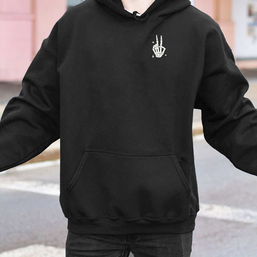 Skeleton Peace Sign Hoodie | Minimalist Aesthetic Graphic Print | Soft Cotton-Polyester Blend | Trendy Gift for Her and Him
