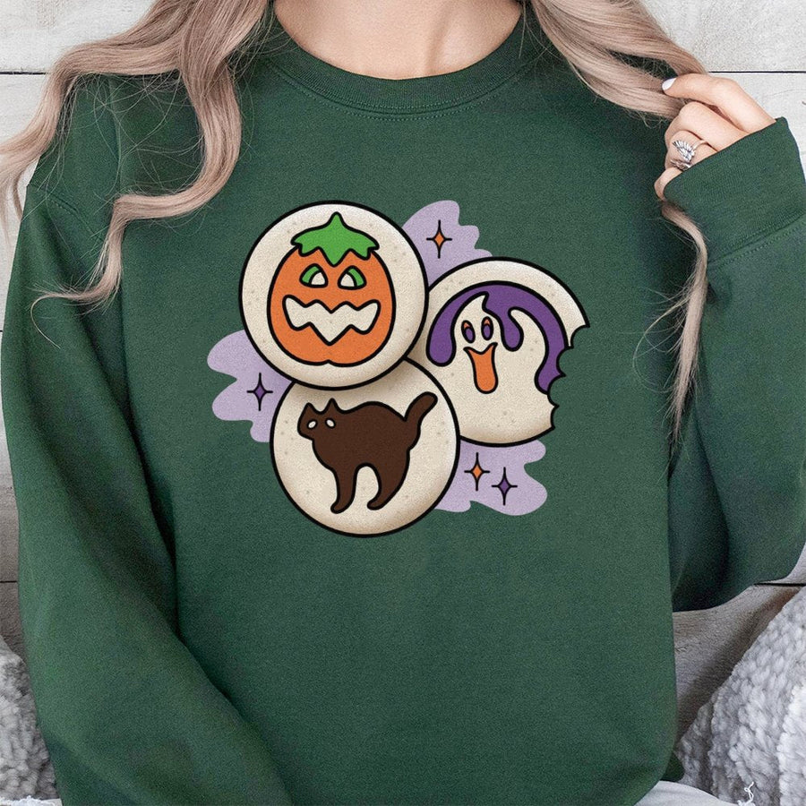 Halloween Cookie Sweatshirt | Cute Pumpkin Ghost Black Cat Graphic | Premium Cotton Blend | Spooky Season Gift For Women