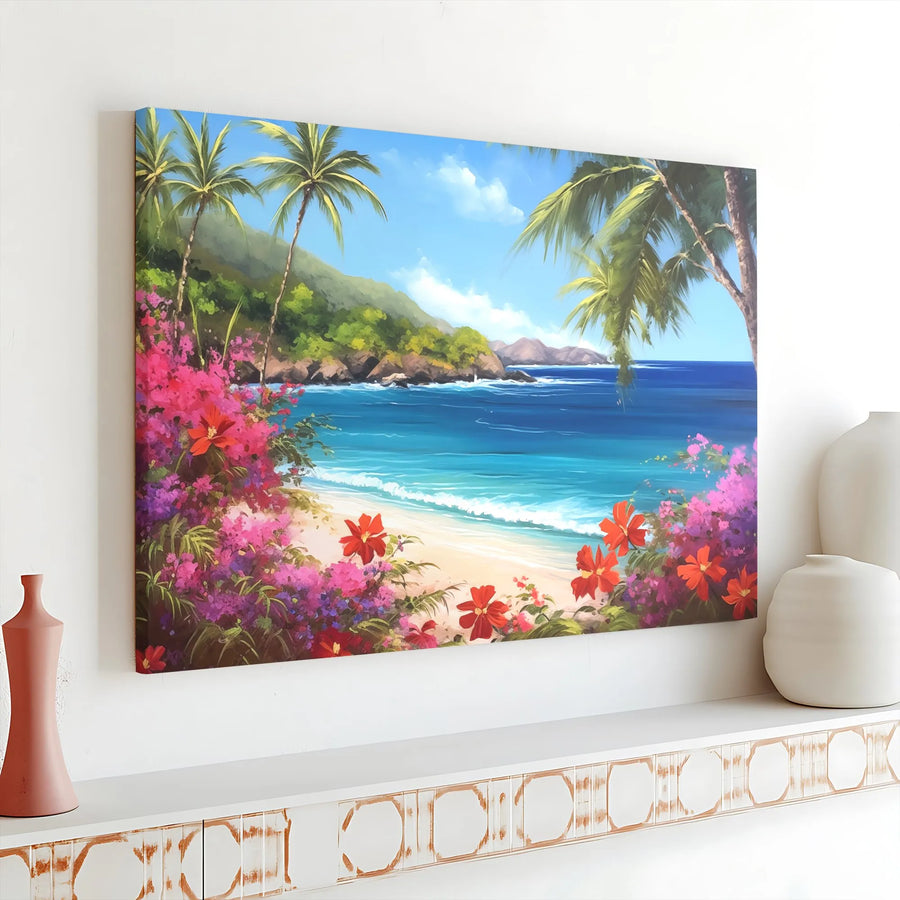 Tropical Beach Canvas Wall Art | Vibrant Coastal Scene Painting with Palm Trees | Gallery Wrapped 1.25" Deep Print | Premium Beach House Decor