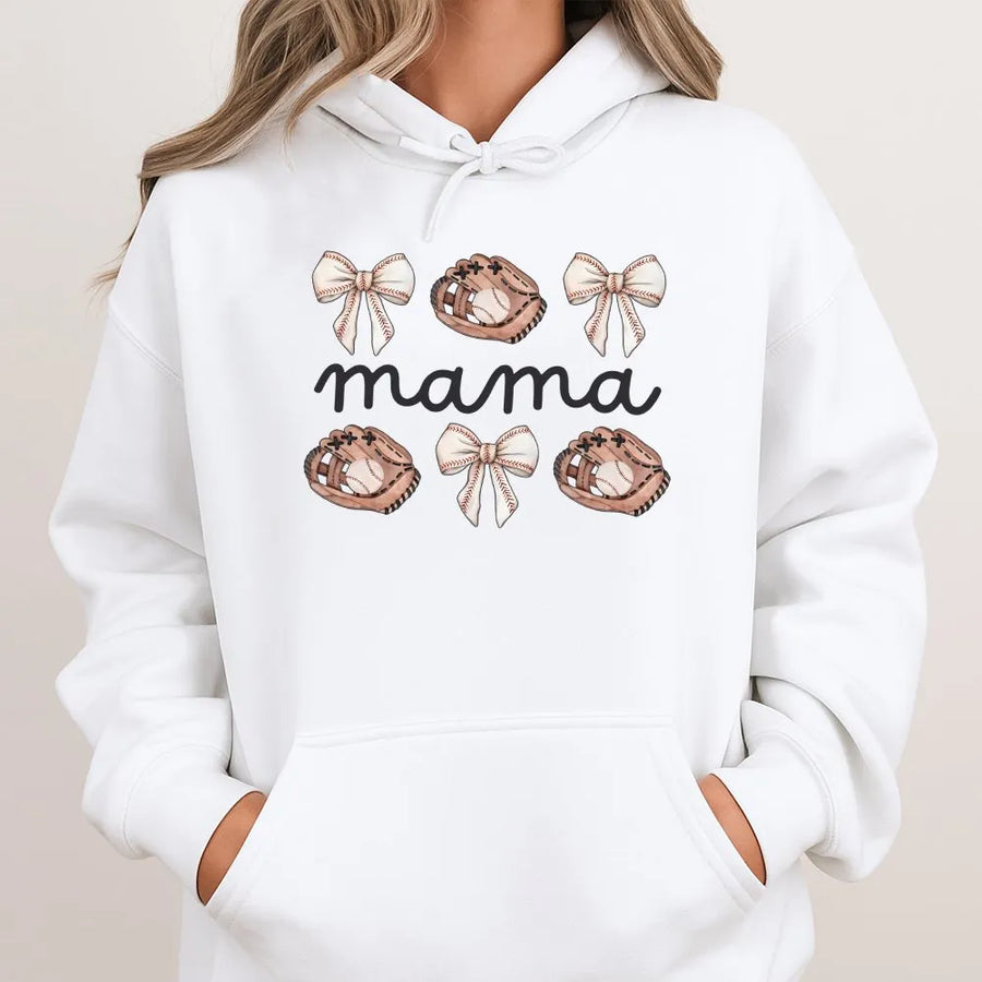 Baseball Mama Hoodie | Coquette Bows & Gloves Game Day Graphic | Soft Cotton Blend Crewneck | Gift for Sports Mom