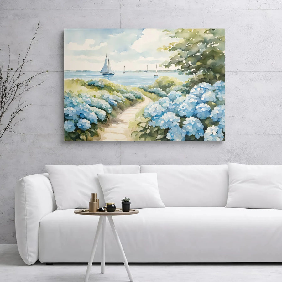 Coastal Watercolor Canvas Print | Hydrangea Garden Path & Sailboats | Gallery Wrapped Premium Decor | Nautical Wall Art for Home Living Room