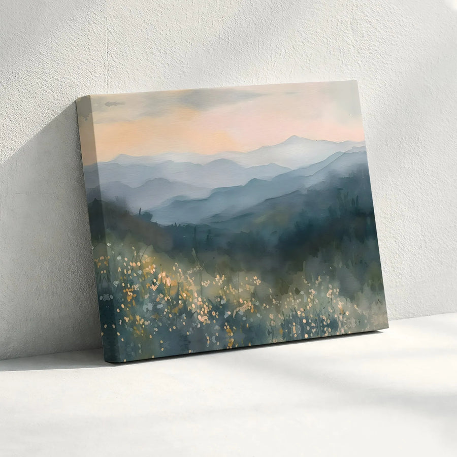 Misty Mountain Canvas Wall Art | Watercolor Wildflower Landscape | Premium Gallery Wrap Print | Modern Living Room Decor Gift