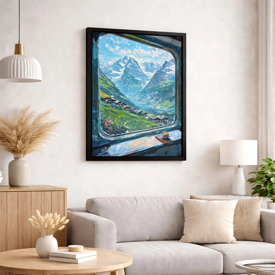 Swiss Alps Mountain View Canvas | Train Window Impressionist Landscape Art | Premium Fade-Resistant Gallery Wrap | Travel Inspired Home Decor Gift
