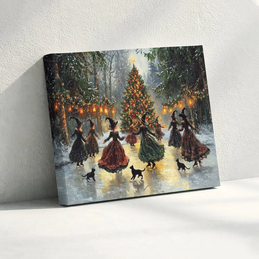 Witches Ice Skating Christmas Tree Canvas | Magical Winter Holiday Wall Art | Premium Gallery Wrapped Decor | Whimsical Gothic Holiday Gift