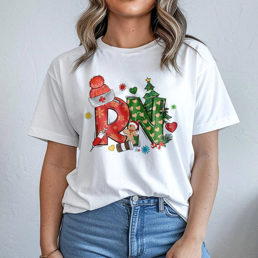 Christmas RN Nurse T-Shirt | Festive Holiday Medical Graphic Tee | 100% Premium Cotton | Perfect Gift for Registered Nurses and Nursing Students