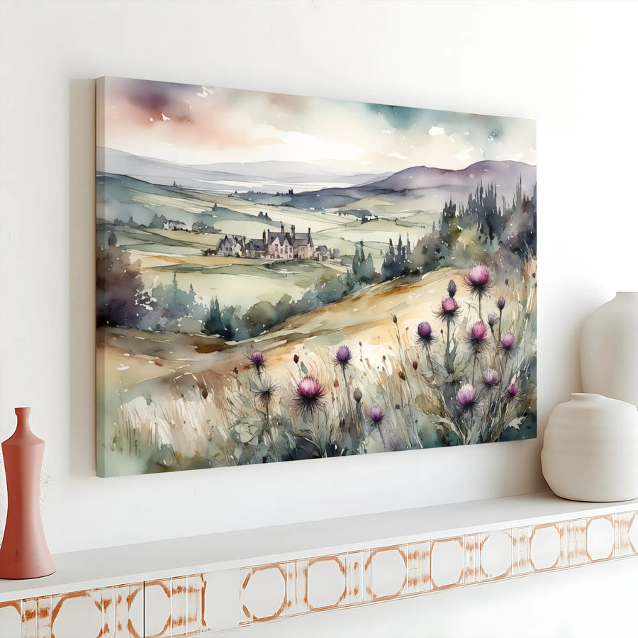 Scottish Thistle Landscape Canvas Art | Watercolor Countryside Painting Print | Premium Thick Gallery Wrap | Rustic Farmhouse Wall Decor Gift