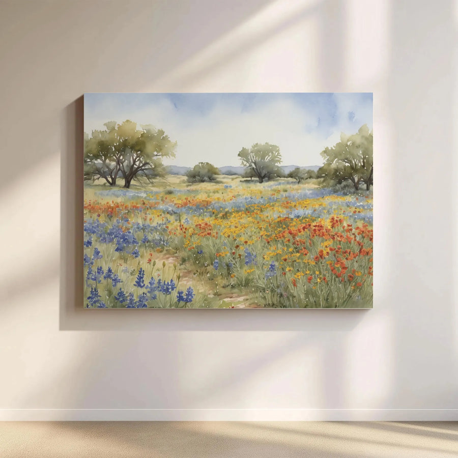 Texas Wildflower Canvas Wall Art | Watercolor Bluebonnet Field Painting | Premium Gallery Wrapped Canvas | Rustic Farmhouse Wall Decor Gift